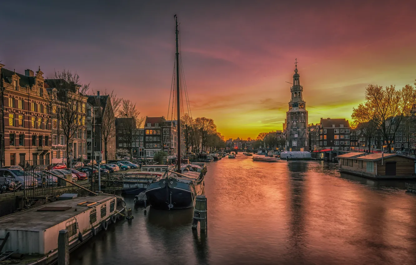 Photo wallpaper sunset, ships, Amsterdam, channel, Netherlands, promenade, Amsterdam, Netherlands
