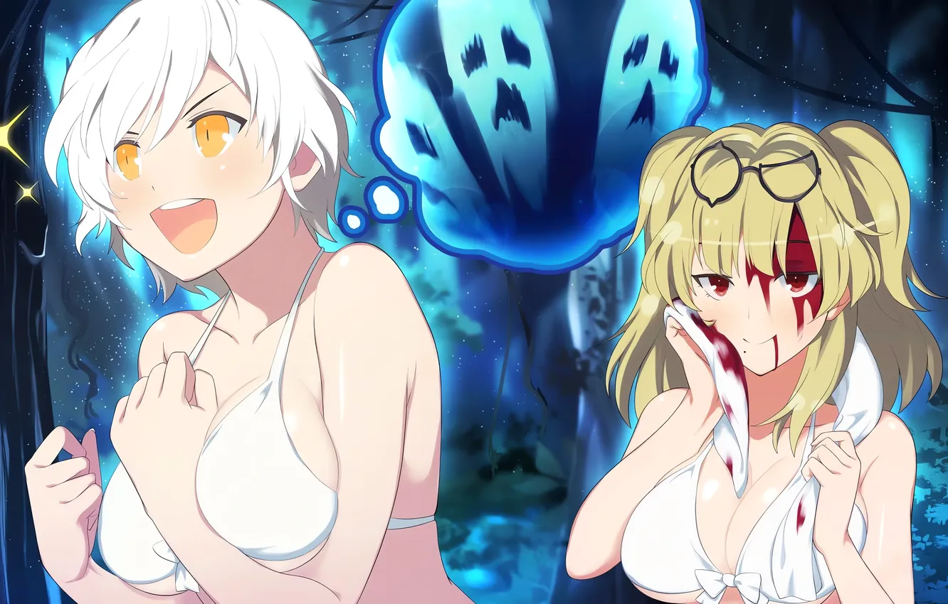 Photo wallpaper sexy, forest, cleavage, long hair, girls, boobs, anime, night