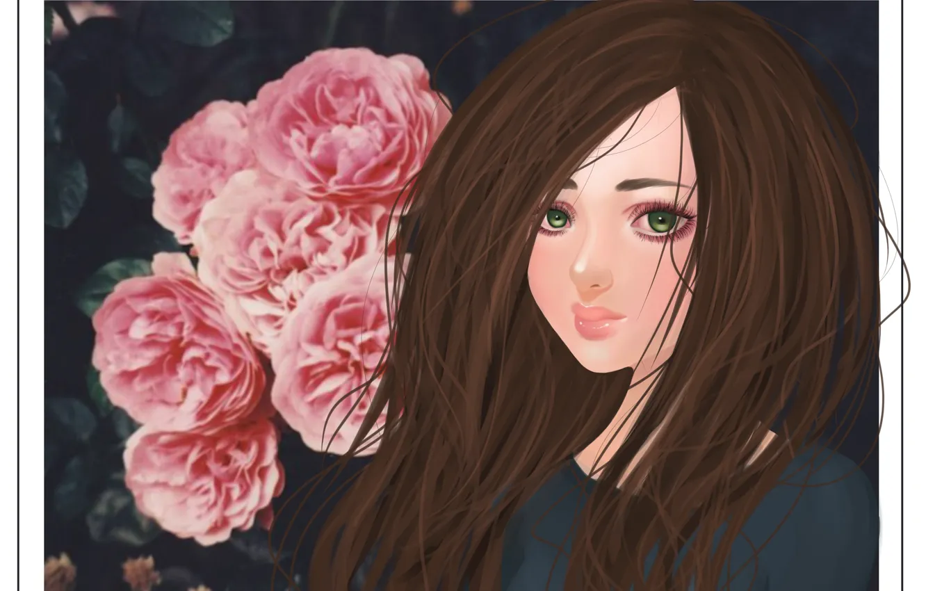 Photo wallpaper flowers, eyelashes, hair, art, girl. green eyes