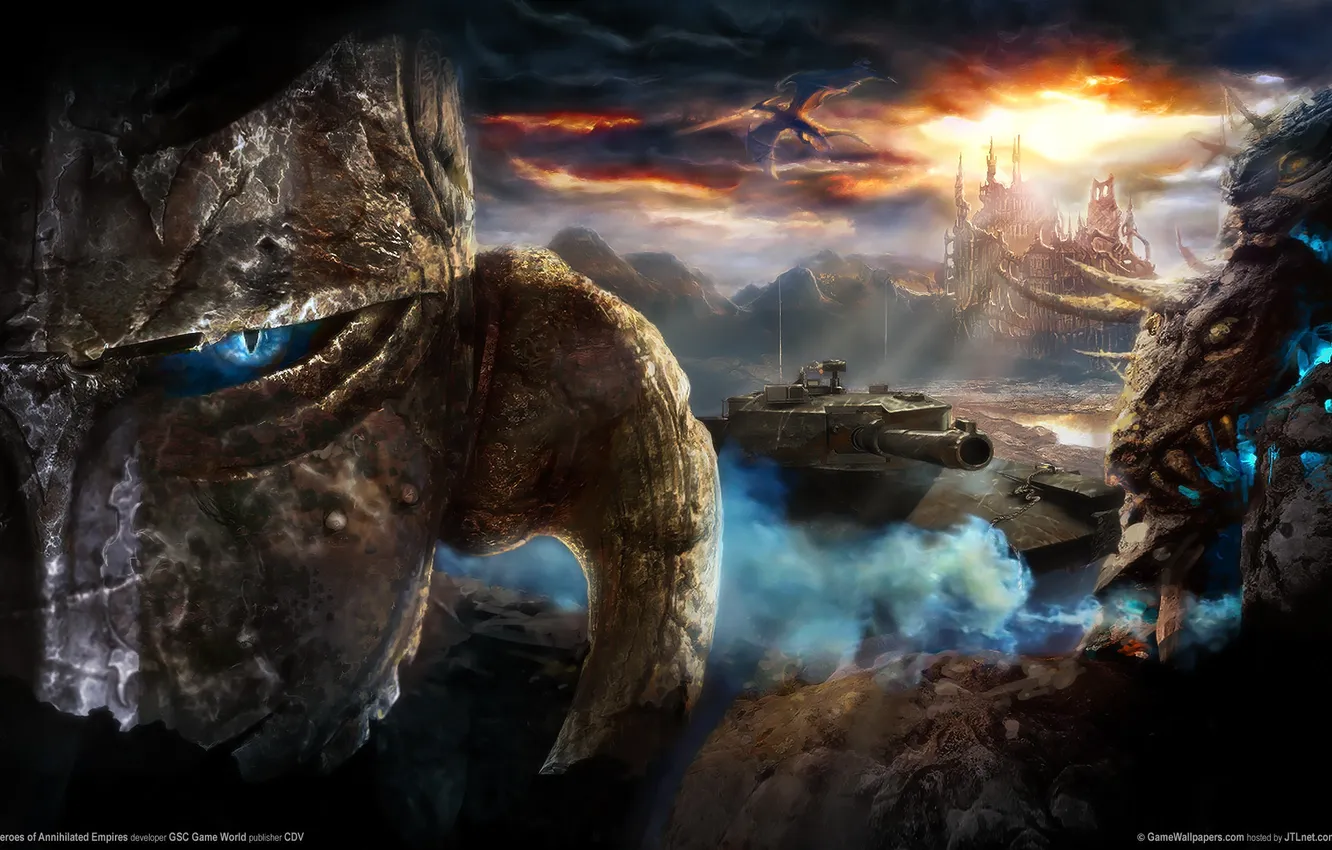Photo wallpaper the sun, clouds, the city, dragon, stone, tank, statues, heroes of annihilated empires