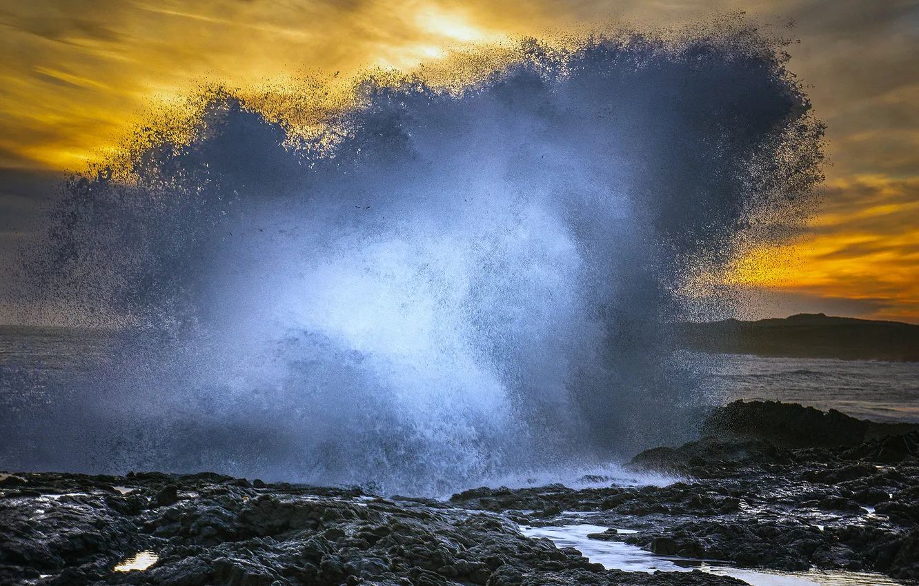 Photo wallpaper sea, the sky, squirt, clouds, rocks, the evening
