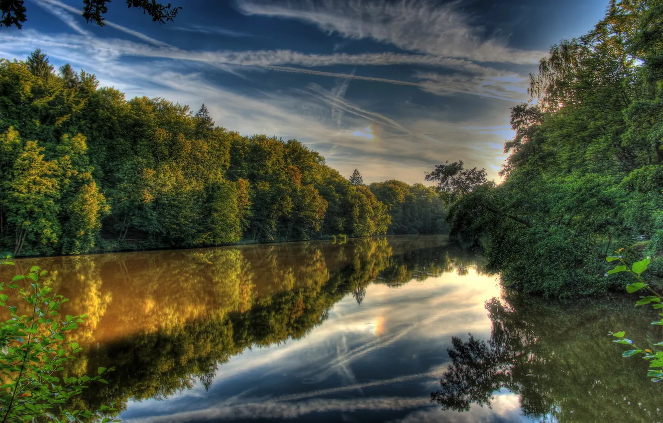Photo wallpaper the sky, clouds, landscape, nature, reflection, HDR, river Germany, Hessen Lich