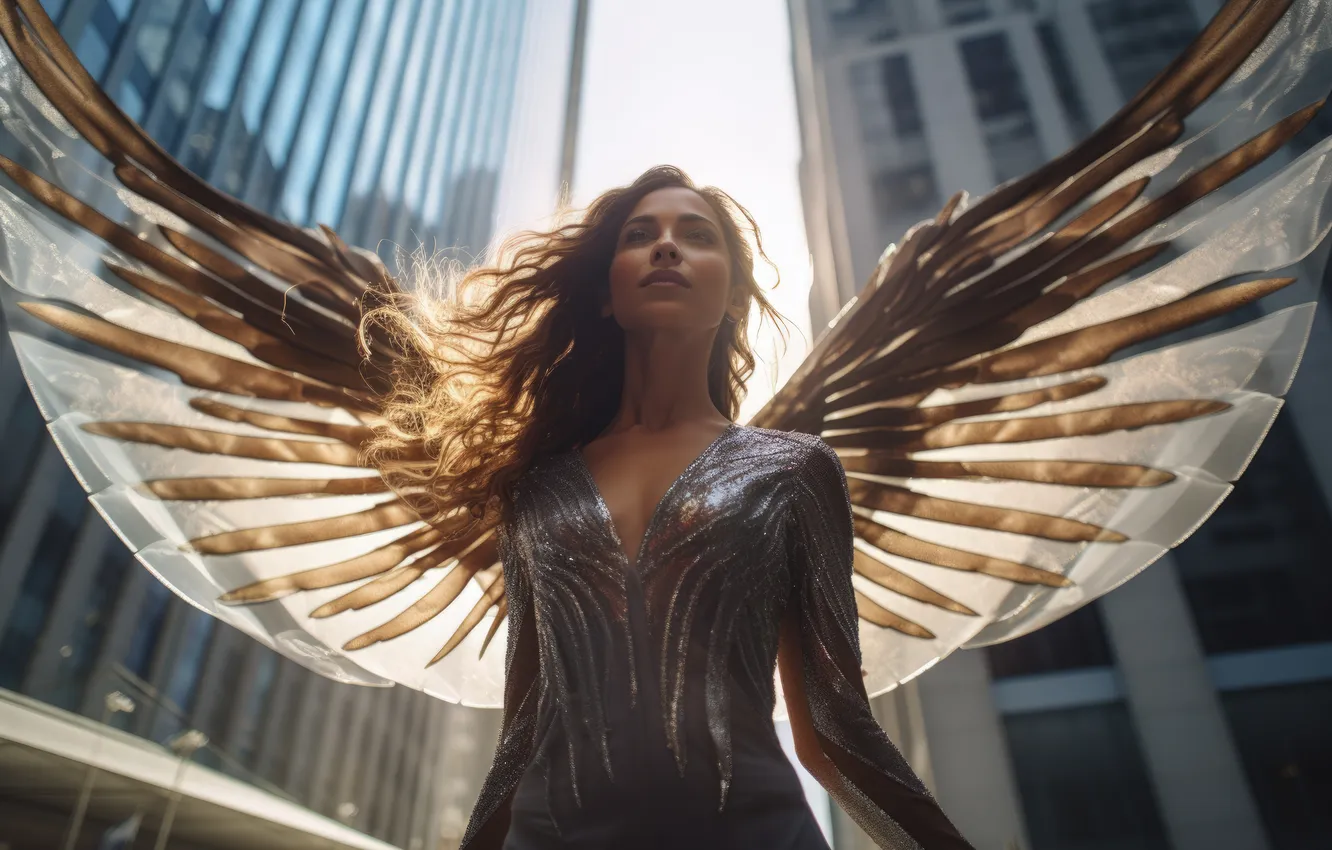 Photo wallpaper girl, the city, hair, home, wings, angel, skyscrapers, digital art