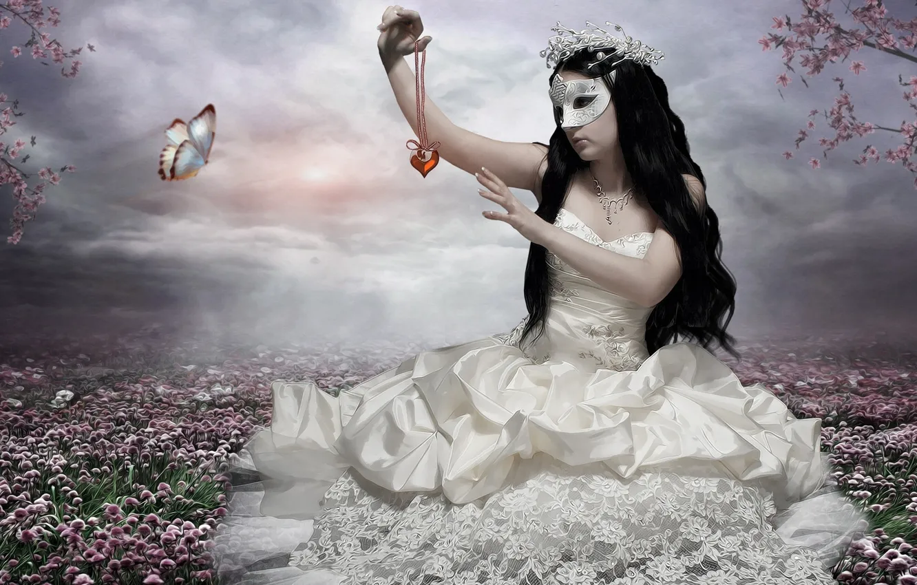 Photo wallpaper girl, flowers, mask, meadow