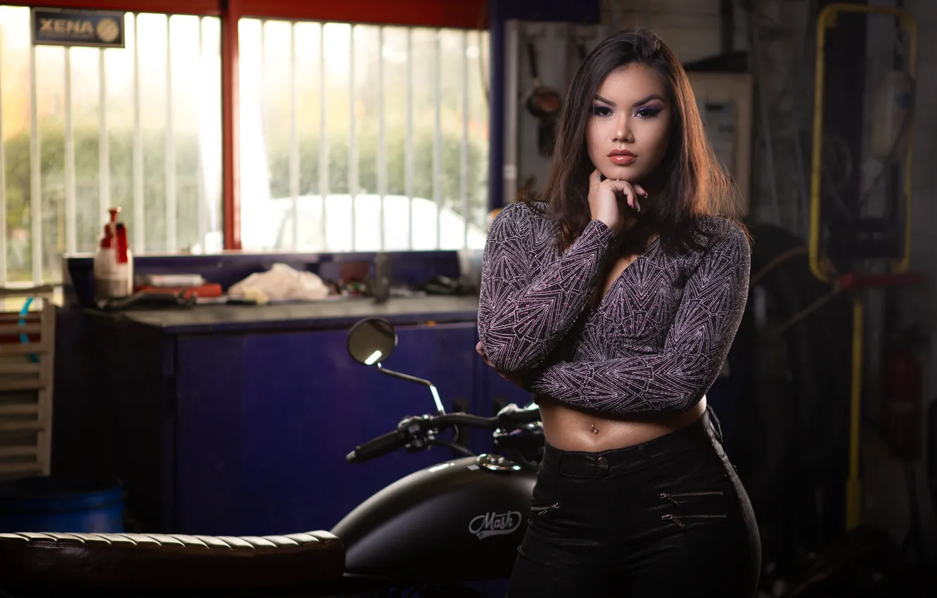 Photo wallpaper girl, pose, motorcycle, brown hair