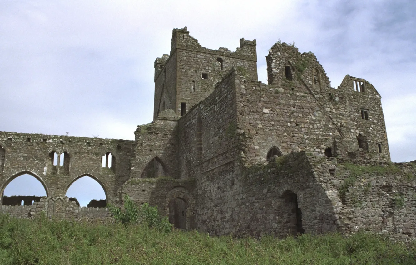 Photo wallpaper the sky, grass, clouds, ruins, Ireland, the monastery, medieval architecture, Dunbrody Abbey