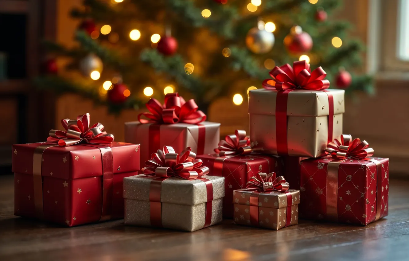 Photo wallpaper decoration, gift, tree, new year, Christmas, Christmas, tree, celebration