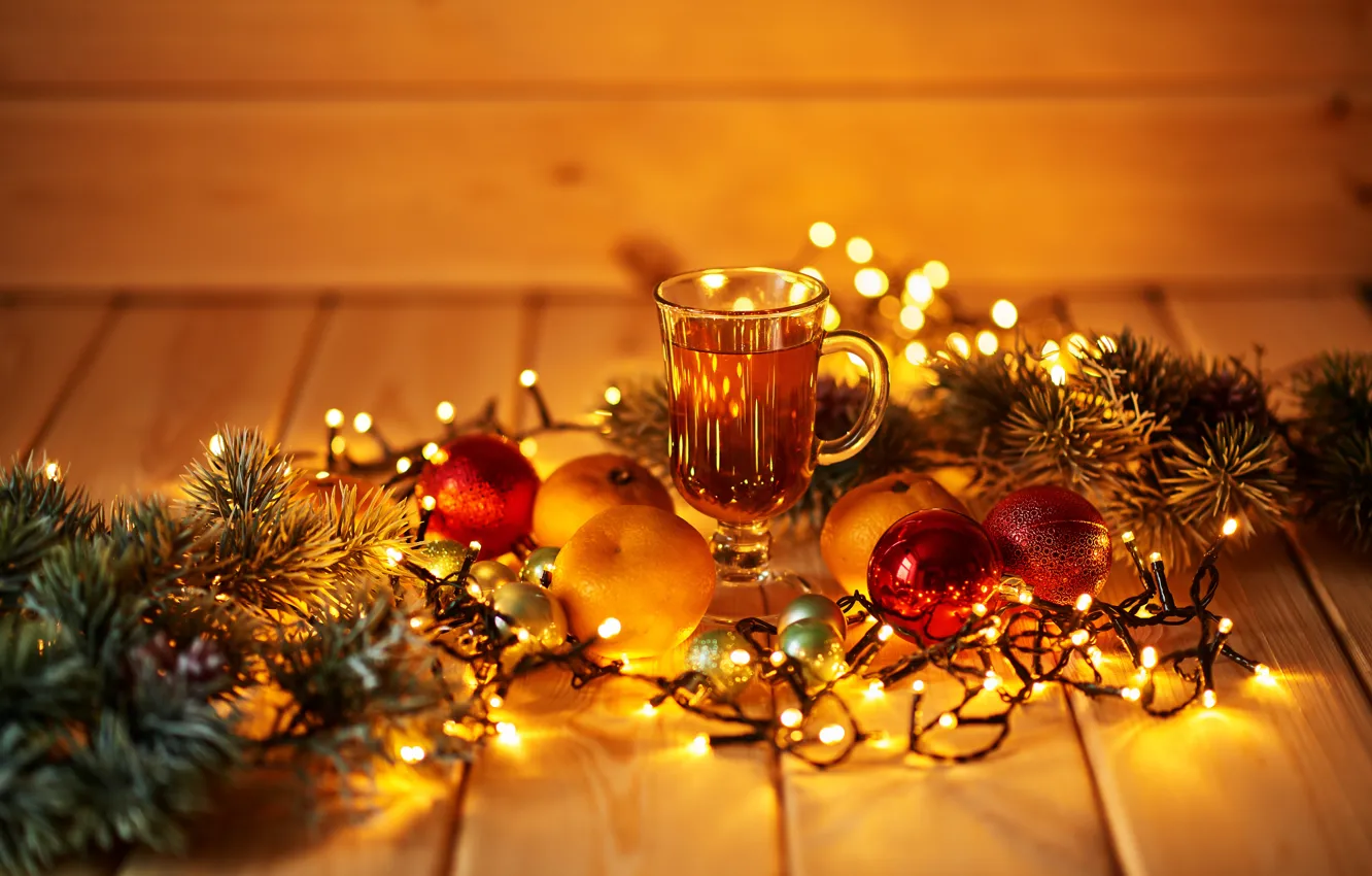 Photo wallpaper table, balls, toy, Christmas, mug, drink, garland, Yarovoy Aleksandr
