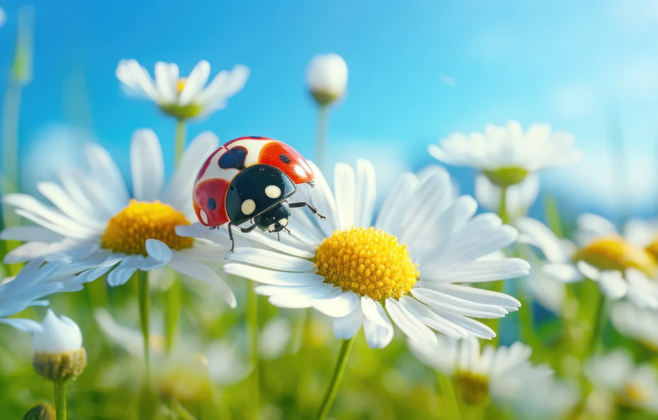 Photo wallpaper summer, flowers, ladybug, chamomile, AI art, neural network