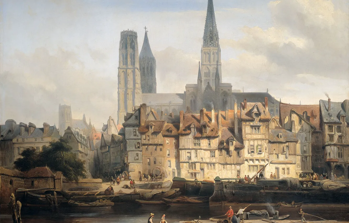 Photo wallpaper oil, picture, canvas, the urban landscape, 1839, The Parisian quay at Rouen, Johannes Bosboom, Johannes …