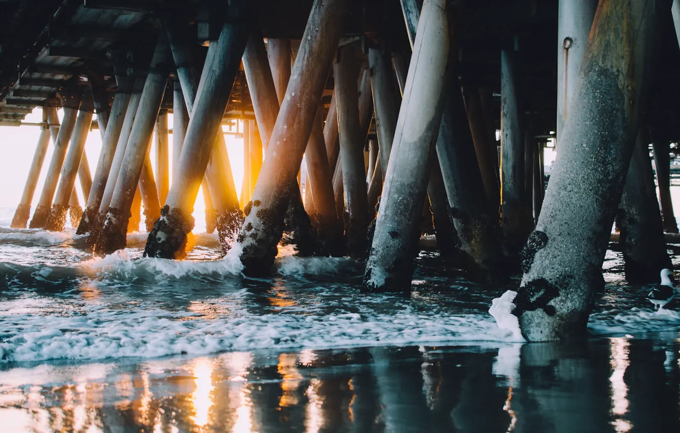 Photo wallpaper sea, bridge, support