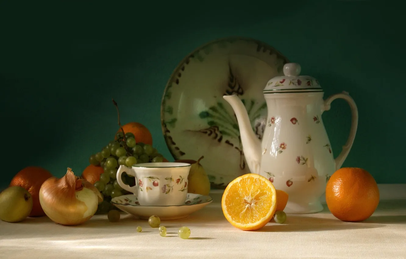 Photo wallpaper orange, kettle, Cup, citrus, fruit, still life