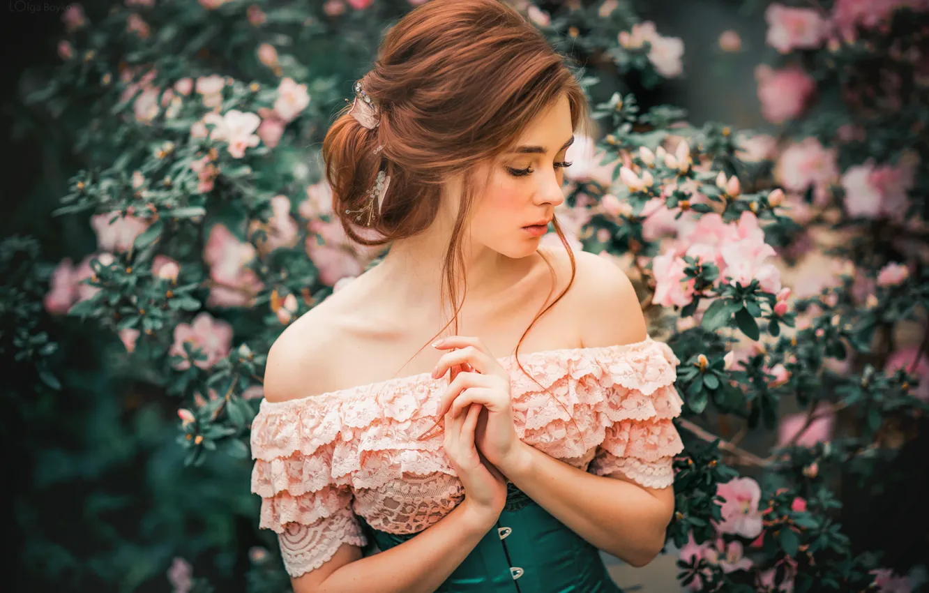 Photo wallpaper girl, flowers, branches, nature, neckline, profile, brown hair, shoulders
