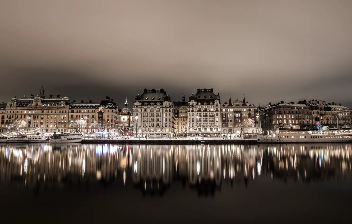 Photo wallpaper night, reflection, home, lights, Stockholm, Sweden, ship, the Bay of Nybroviken