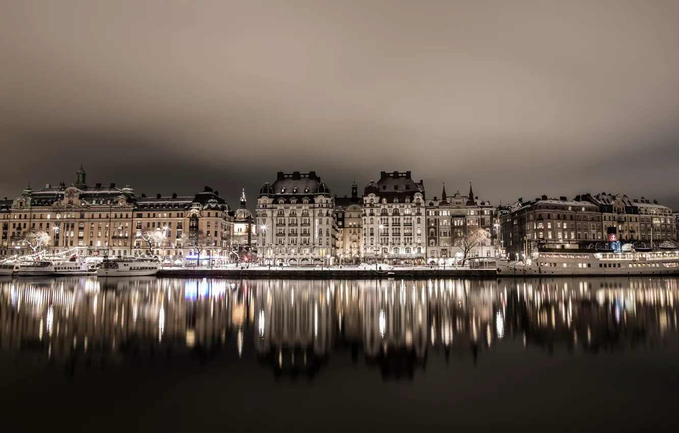 Photo wallpaper night, reflection, home, lights, Stockholm, Sweden, ships, the Bay of Nybroviken