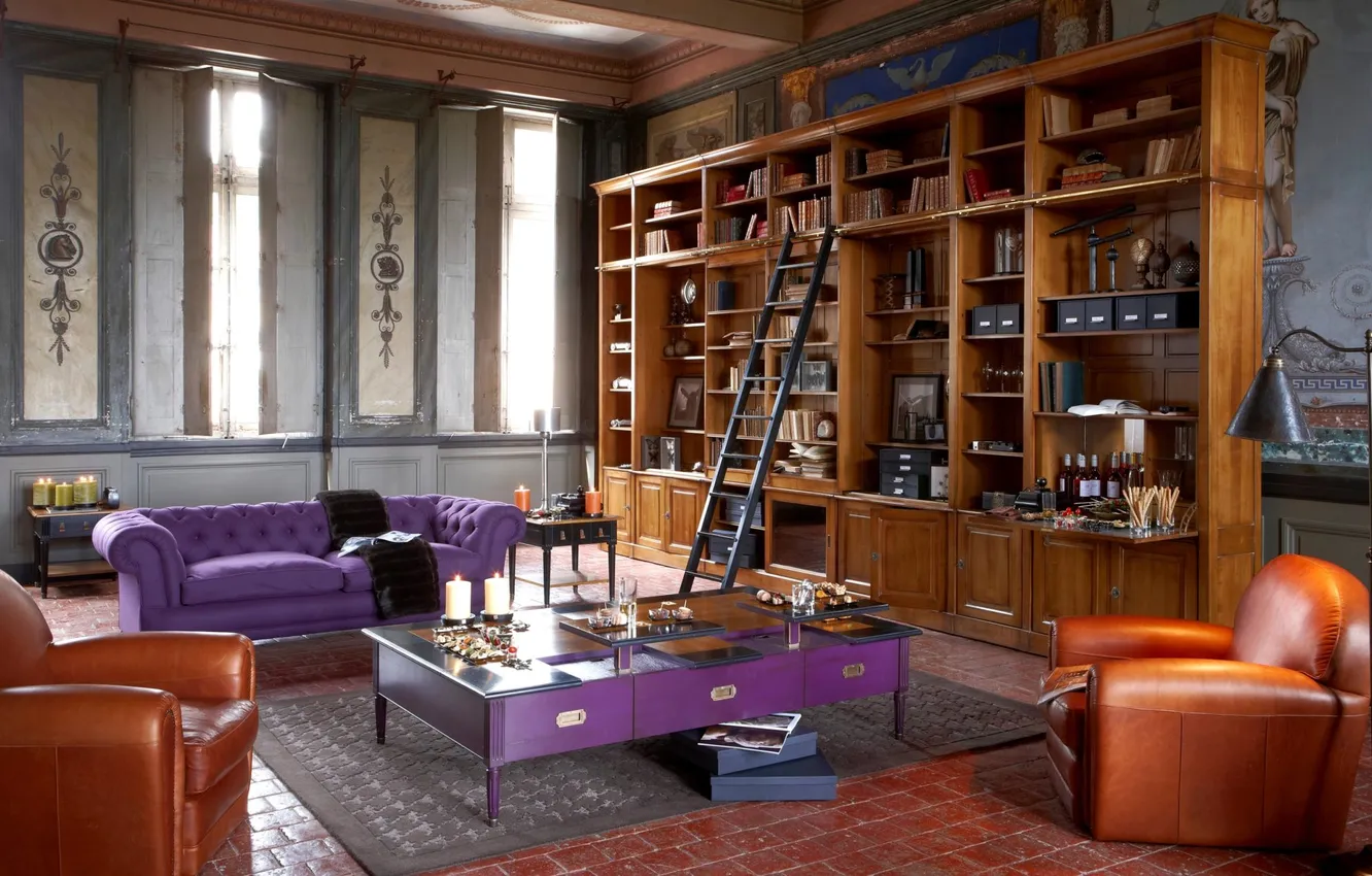 Photo wallpaper design, room, interior, library, living room, upholstered furniture, grunge style