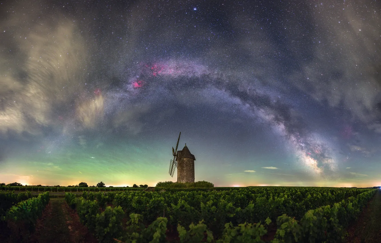 Photo wallpaper field, night, the milky way, windmill