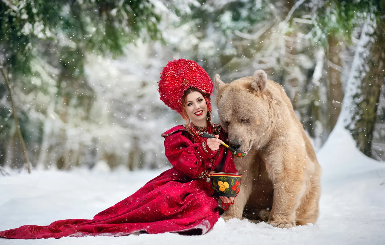 Photo wallpaper winter, forest, look, girl, snow, nature, pose, bear