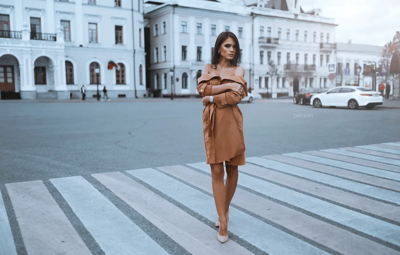 Photo wallpaper girl, the city, pose, cloak, crosswalk, Belavin, Alexander Belavin