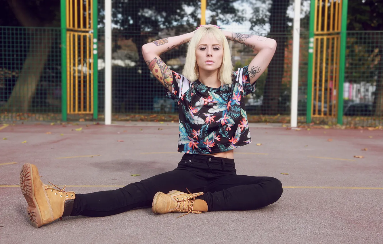 Photo wallpaper girl, woman, feathers, model, tattoo, blonde, tattoos, female