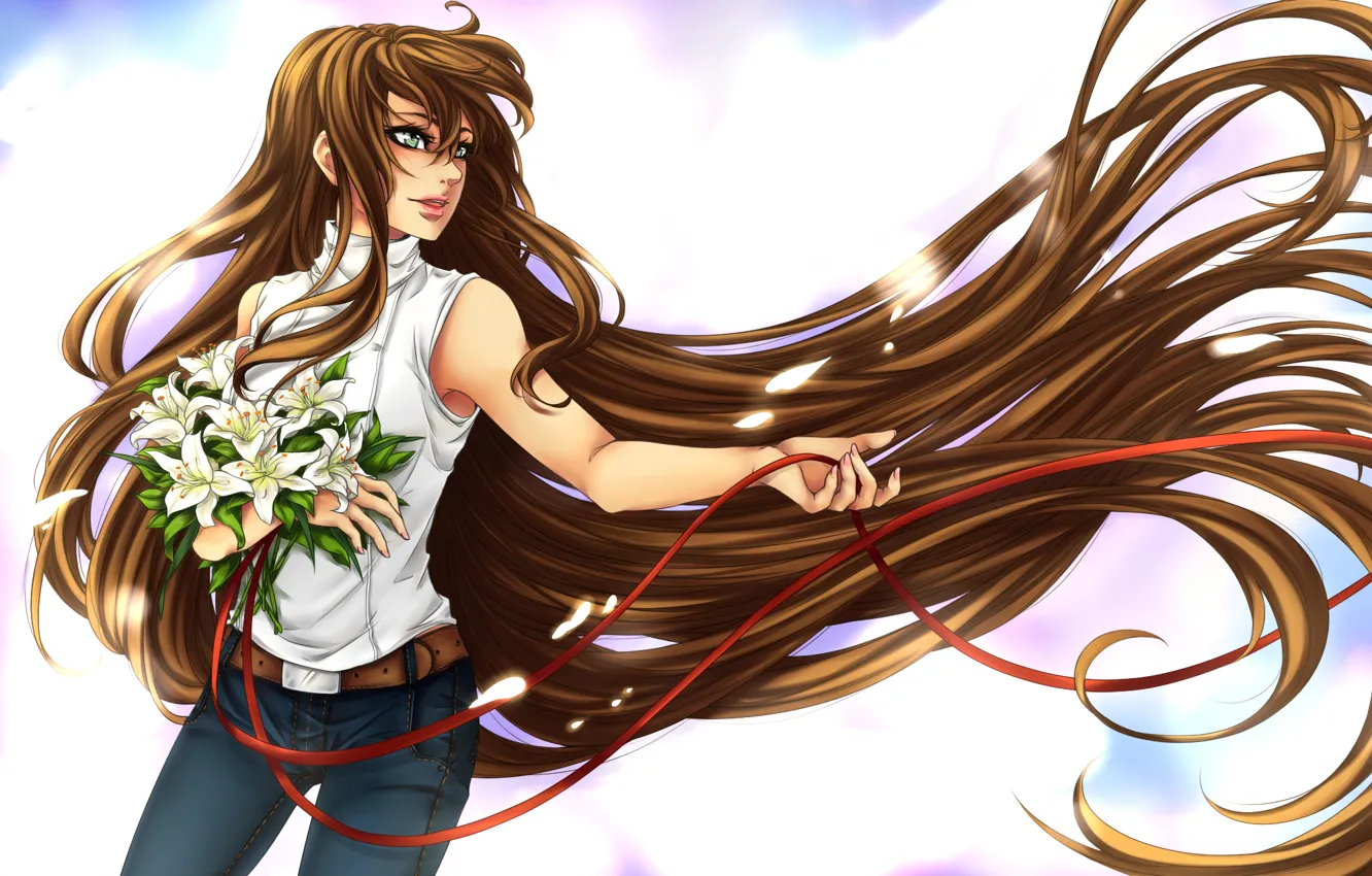 Photo wallpaper look, girl, flowers, bouquet, anime, profile, long hair, ribbons