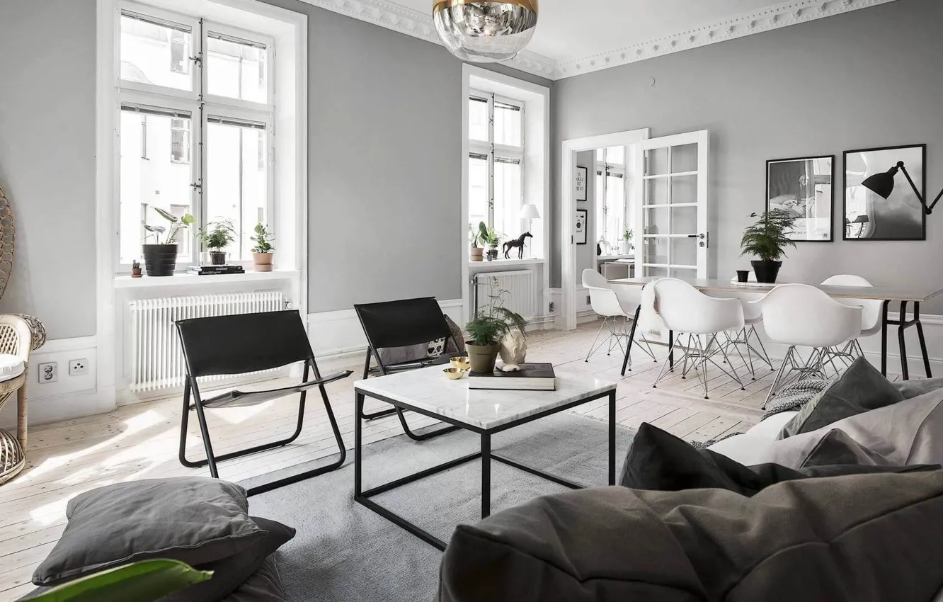 Photo wallpaper design, interior, living room, dining room, Scandinavian style, Apartment in Stockholm, by Stylingbolaget
