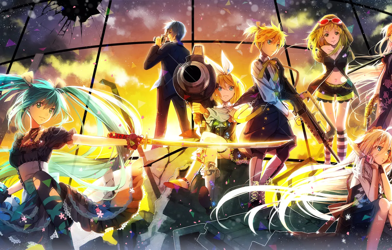 Photo wallpaper girl, sunset, weapons, art, gun, guy, vocaloid, hatsune miku