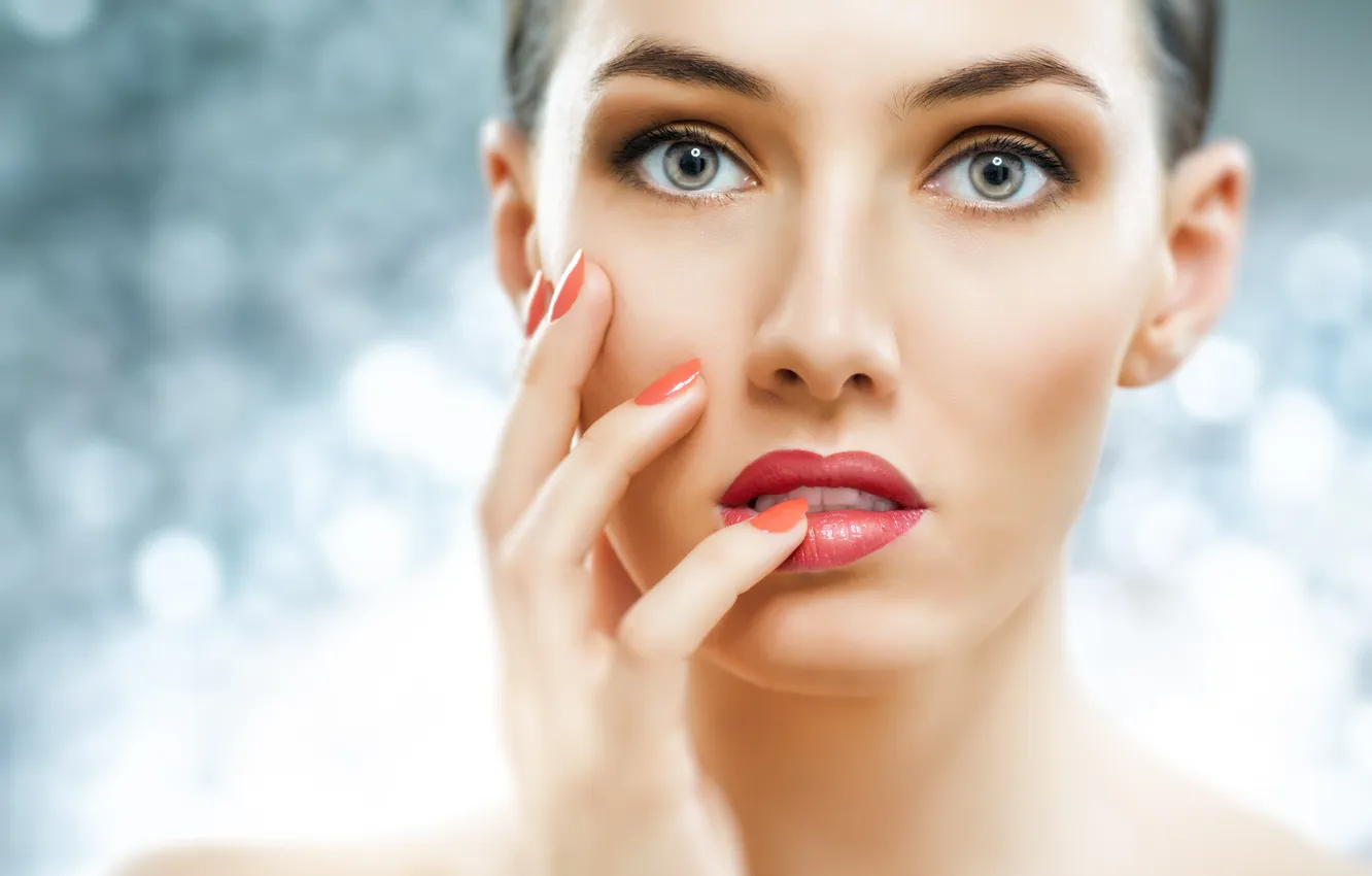 Photo wallpaper look, girl, brown hair, bokeh, gray-eyed