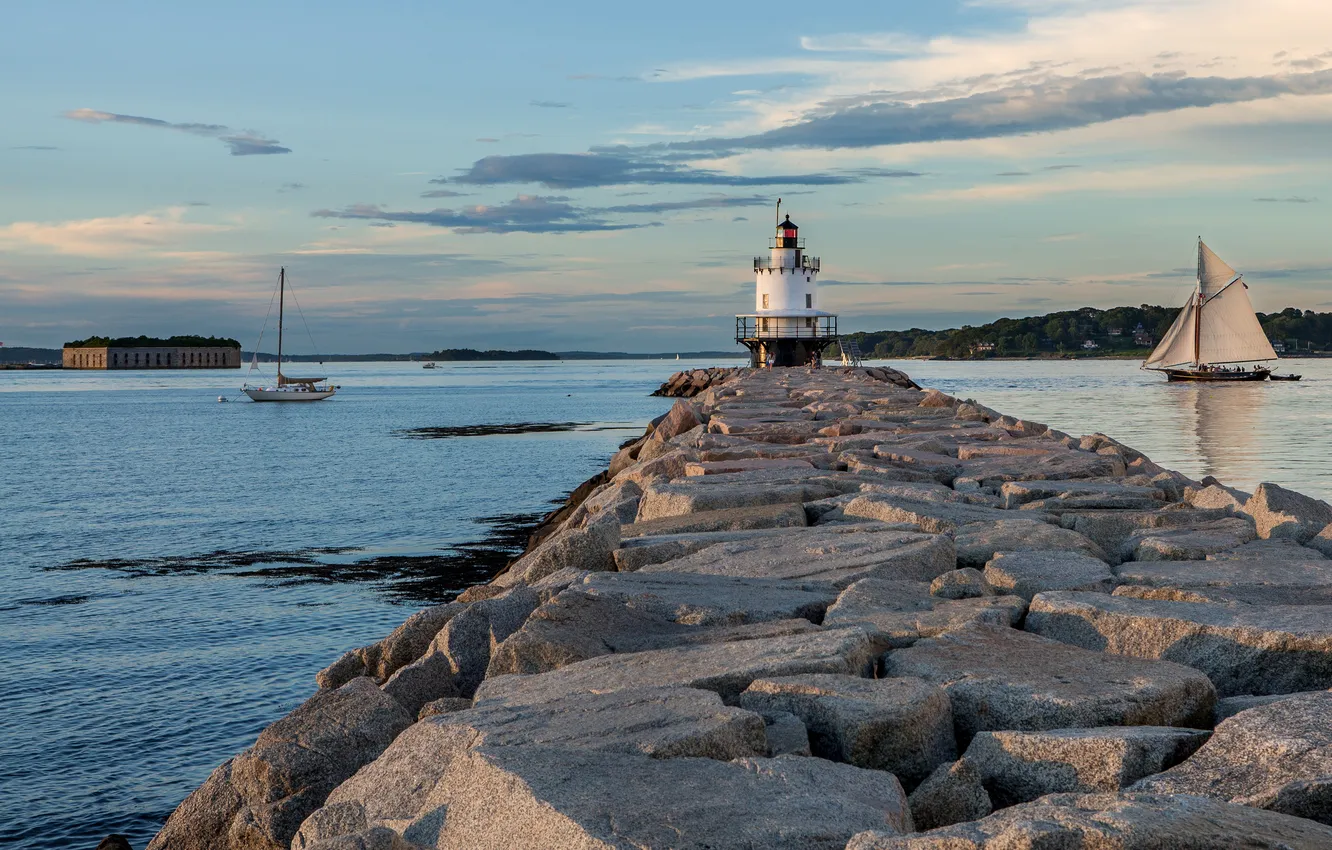 Photo wallpaper sea, the sky, clouds, stones, boat, lighthouse, yacht, sail