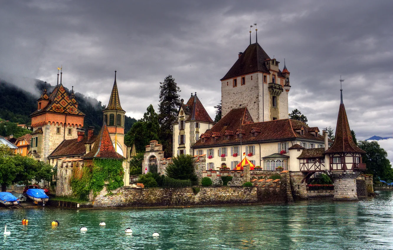 Photo wallpaper lake, castle, Switzerland, Castillo Oberhofen