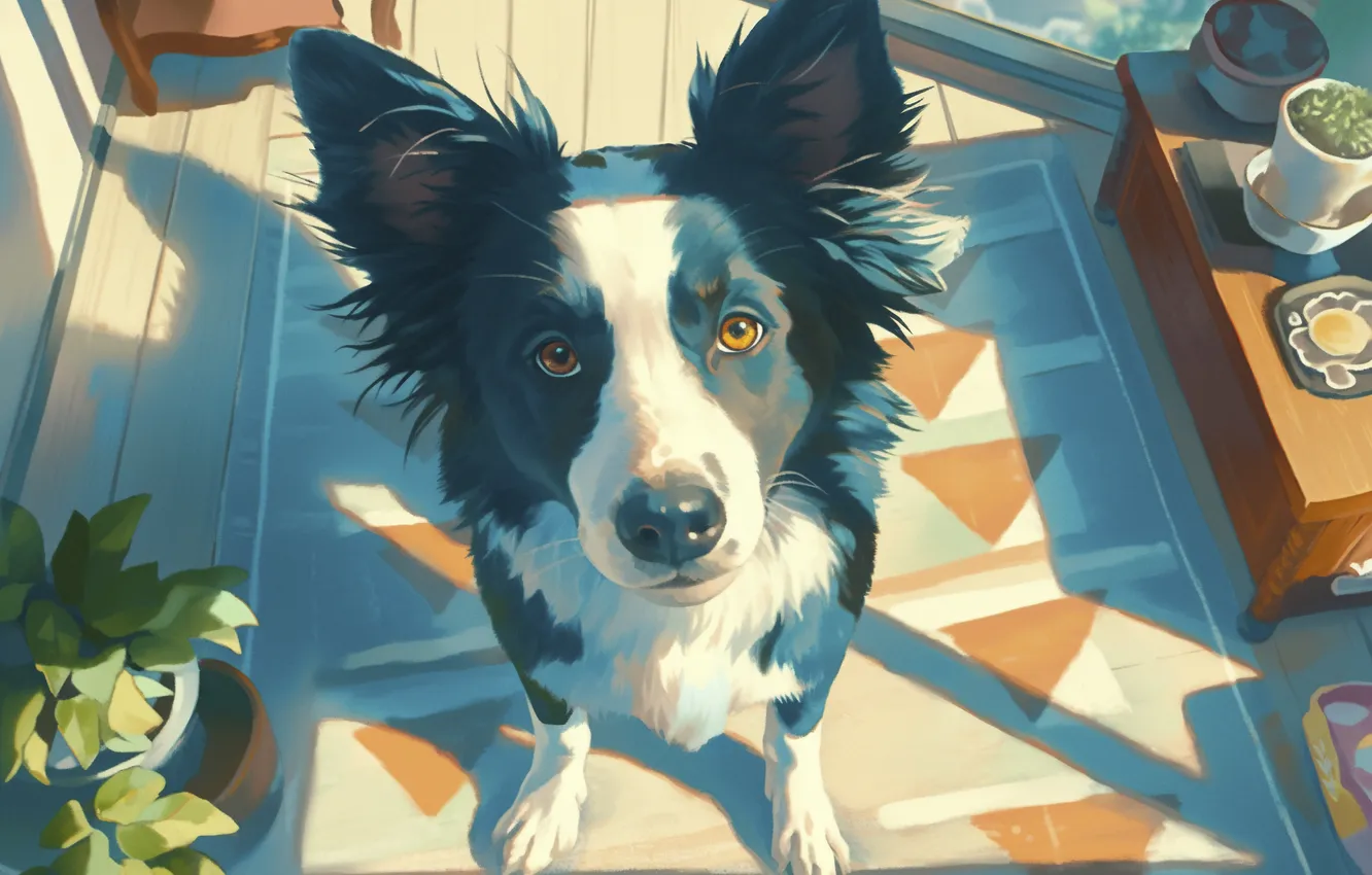 Photo wallpaper look, face, dog, art, the border collie, digital art, imitation painting, AI art