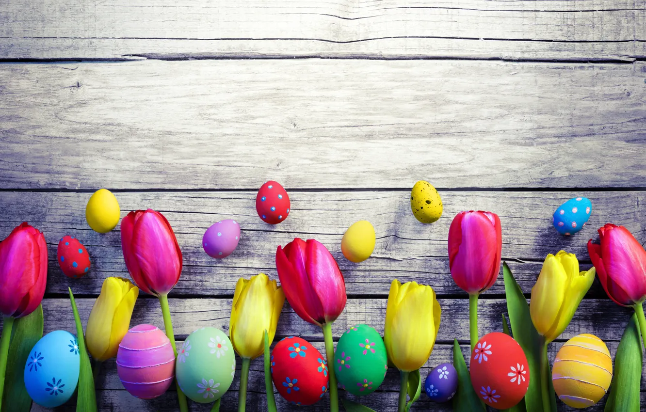 Photo wallpaper colorful, Easter, tulips, happy, wood, flowers, tulips, spring