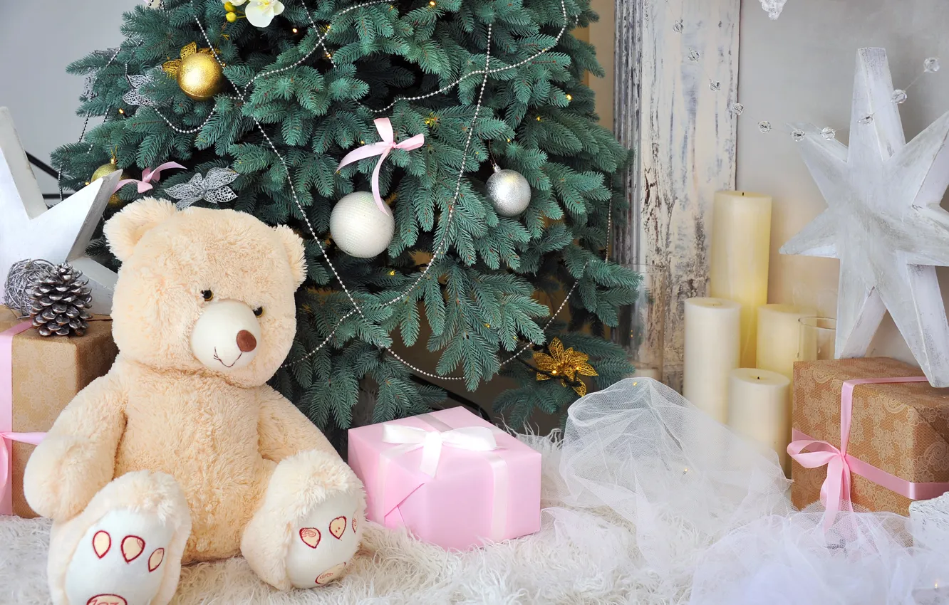 Photo wallpaper decoration, tree, New Year, Christmas, bear, gifts, happy, Christmas