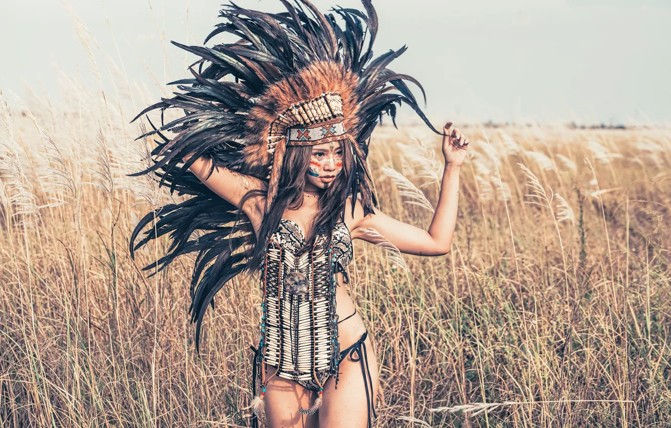 Photo wallpaper summer, girl, face, style, feathers, Asian, headdress