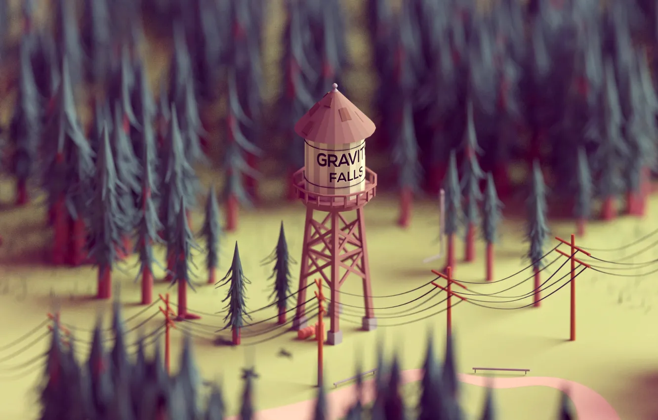 Photo wallpaper forest, posts, wire, model, tree, tower, the animated series, gravity falls