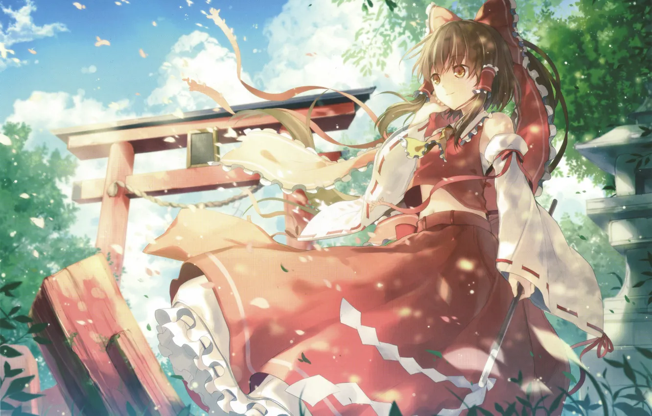 Photo wallpaper the wind, gate, petals, costume, bow, touhou, art, Hakurei Reimu