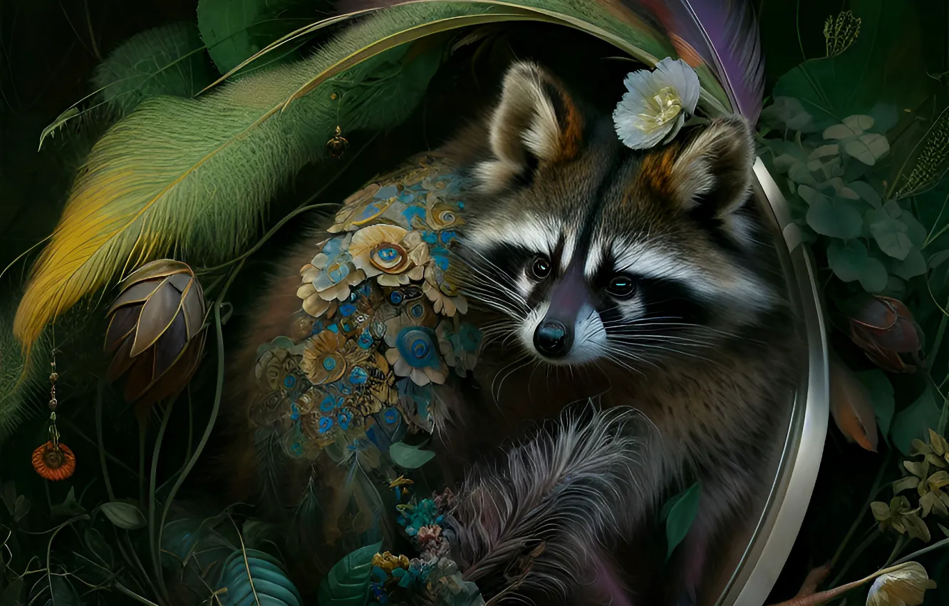 Photo wallpaper leaves, flowers, feathers, garden, art, raccoon, composition, digital painting