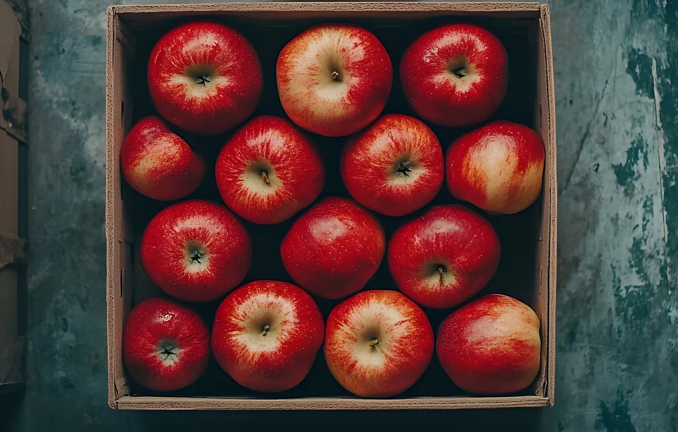 Photo wallpaper red, apples, harvest, box, AI art, neural network