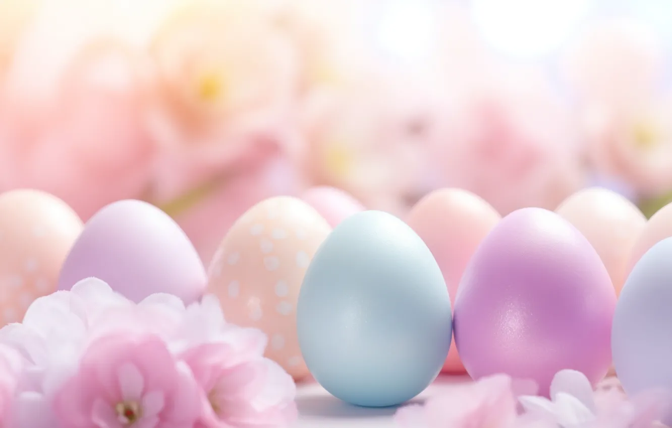 Photo wallpaper flowers, holiday, blue, eggs, spring, Easter, pink, bokeh
