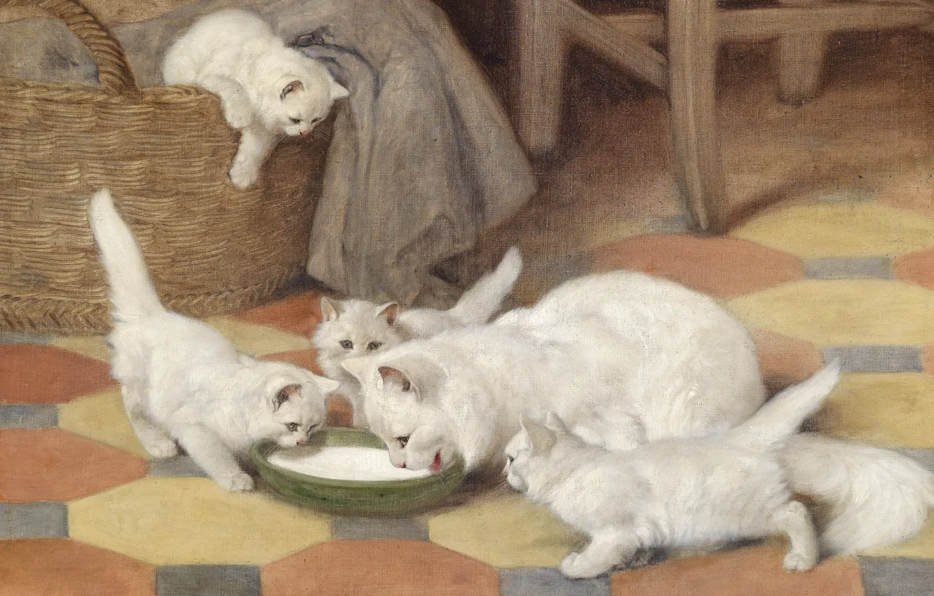 Photo wallpaper cat, picture, family, art, kittens, white, fluffy, Mother and Kittens Drinking Milk