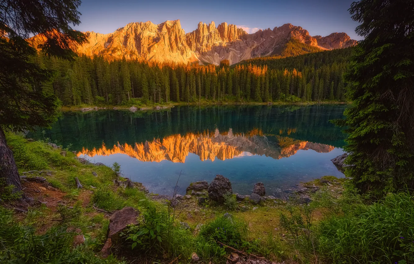 Photo wallpaper forest, light, mountains, lake, reflection, shore, pond, lake Carezza