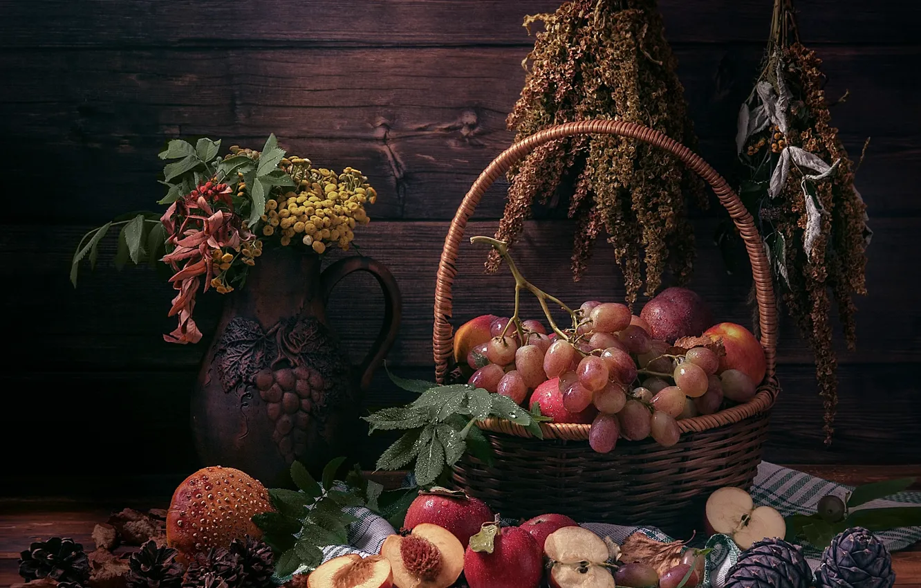 Photo wallpaper apples, bouquet, grapes, still life, peaches, dried plants