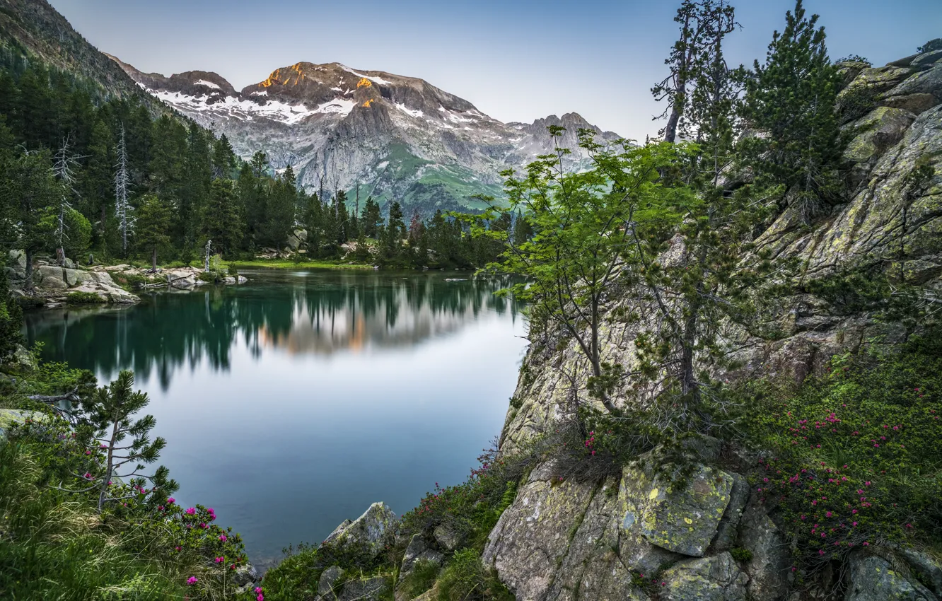 Photo wallpaper trees, landscape, mountains, nature, lake, rocks, shore, Spain