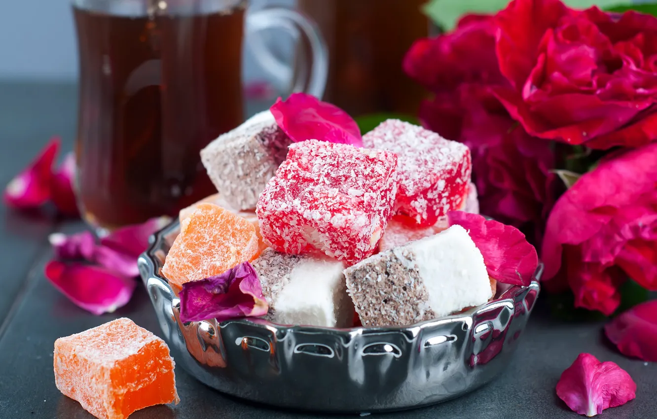 Photo wallpaper flowers, tea, Turkish delight
