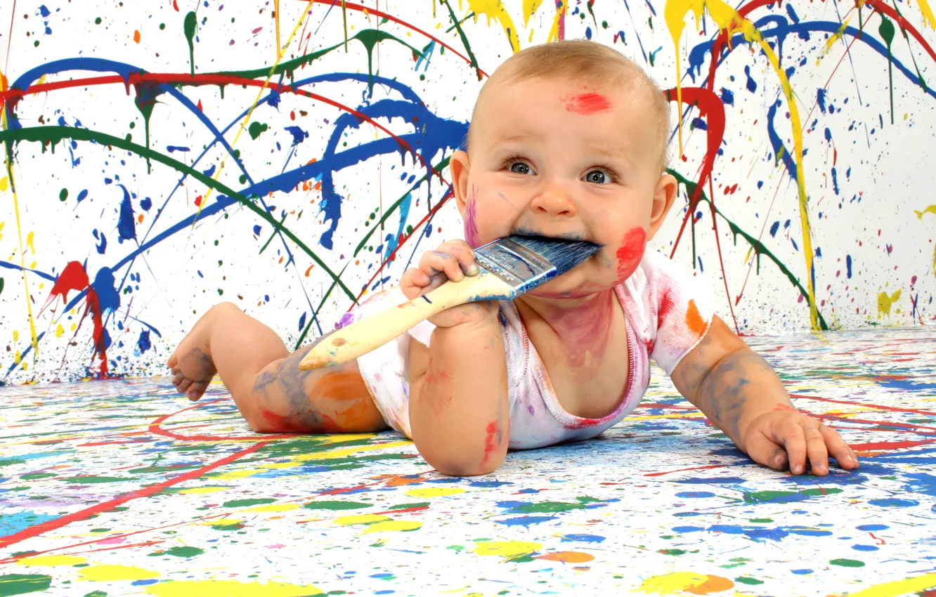 Photo wallpaper eyes, look, color, happiness, paint, mouth, baby, artist