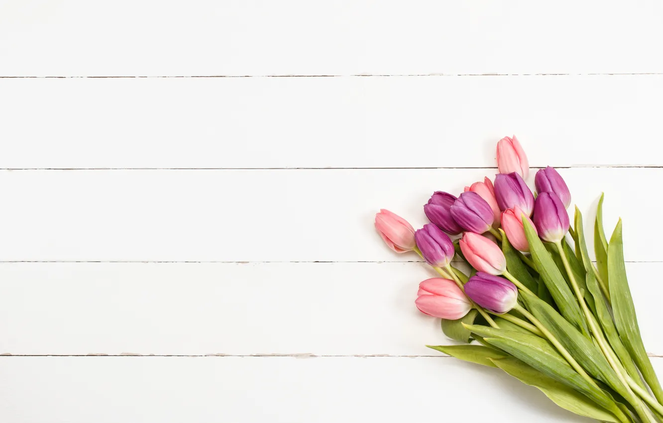 Photo wallpaper flowers, bouquet, tulips, love, pink, wood, pink, flowers