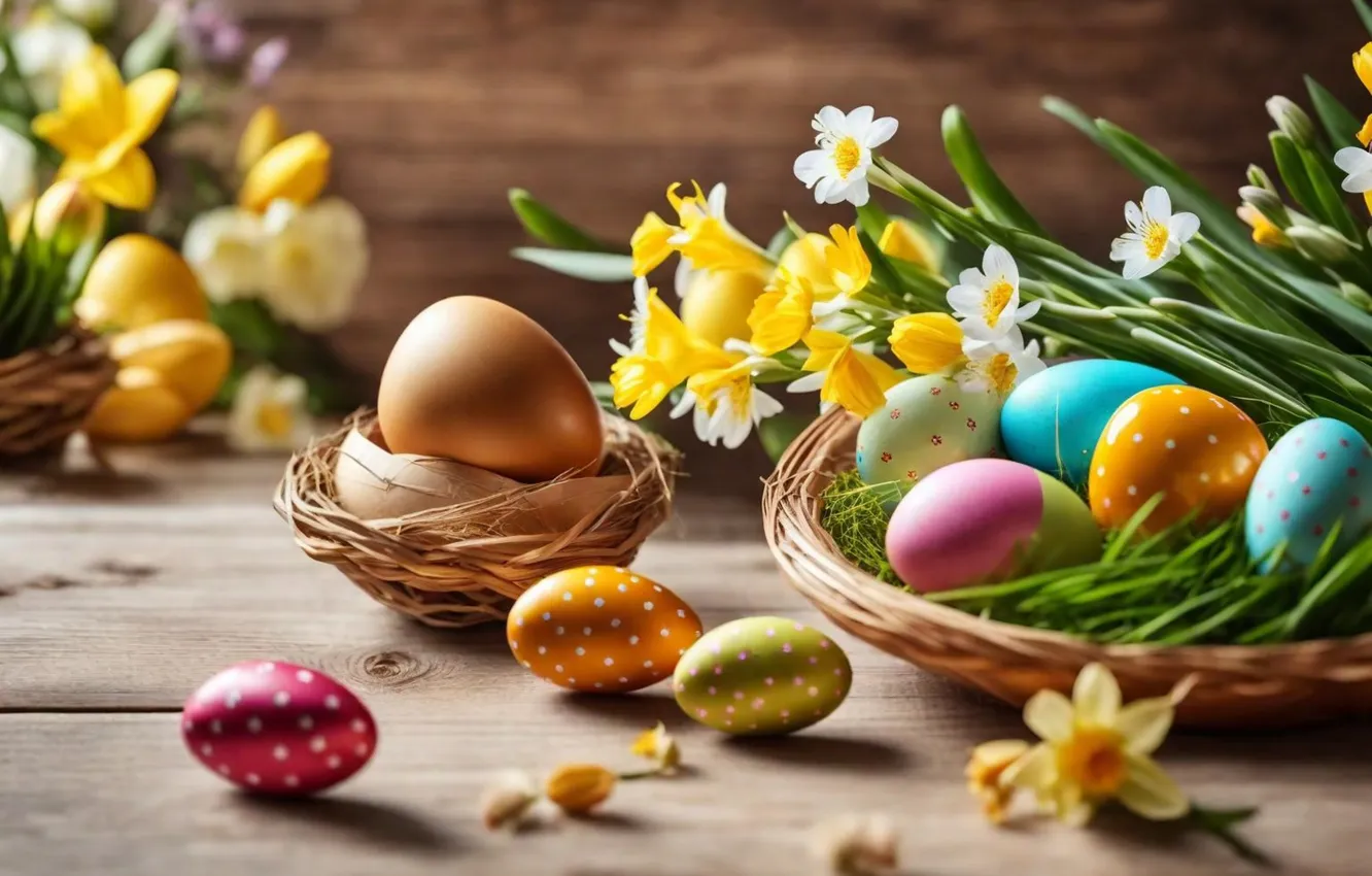 Photo wallpaper flowers, eggs, spring, colorful, Easter, flowers, spring, Easter