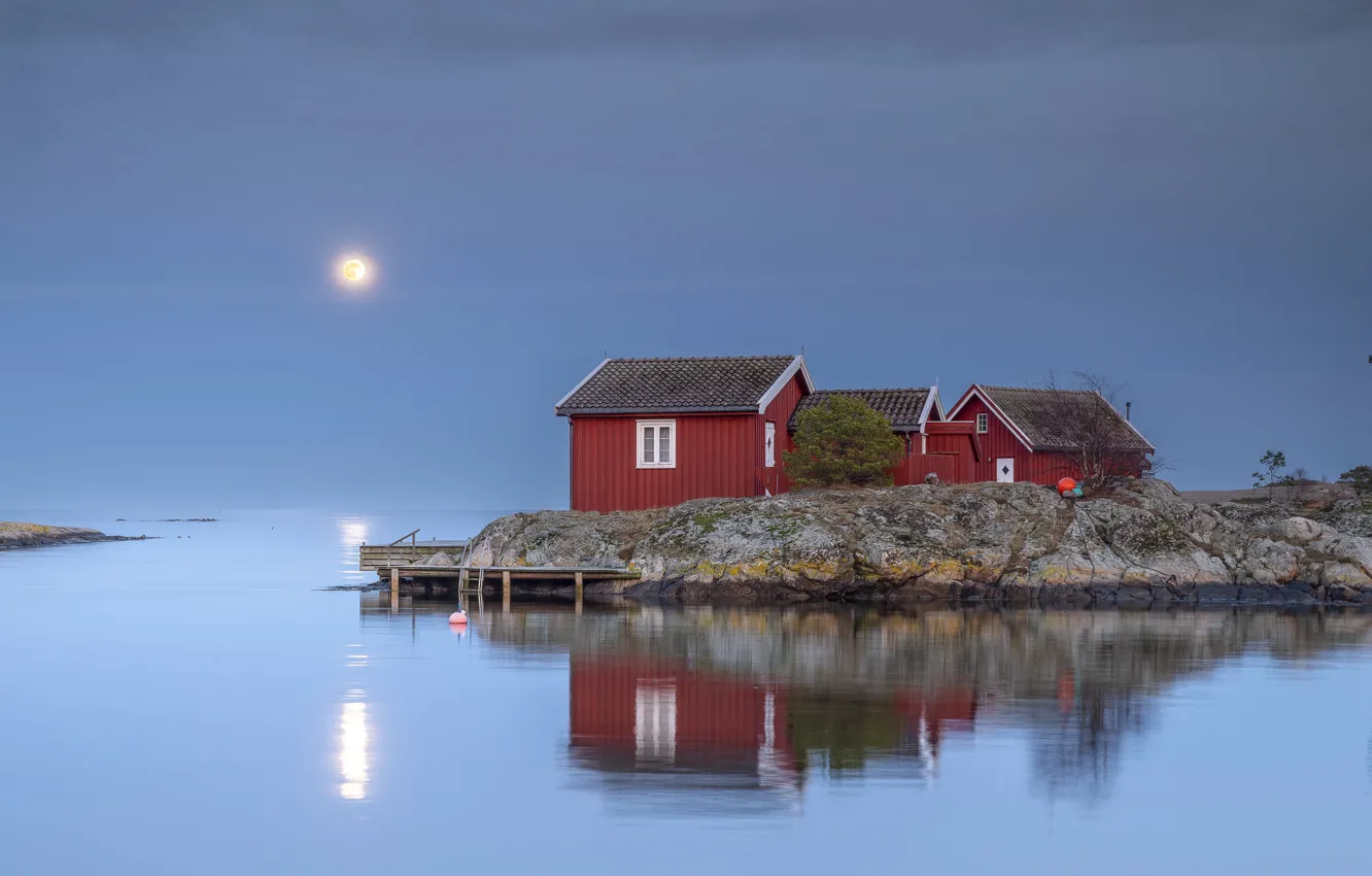 Photo wallpaper the sky, night, red, lake, reflection, stones, rocks, the moon