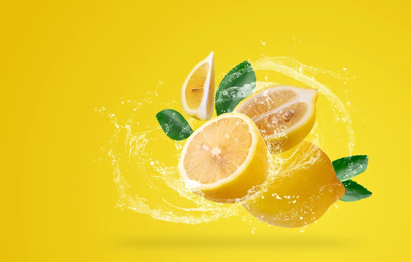 Photo wallpaper water, squirt, yellow, background, lemon, citrus