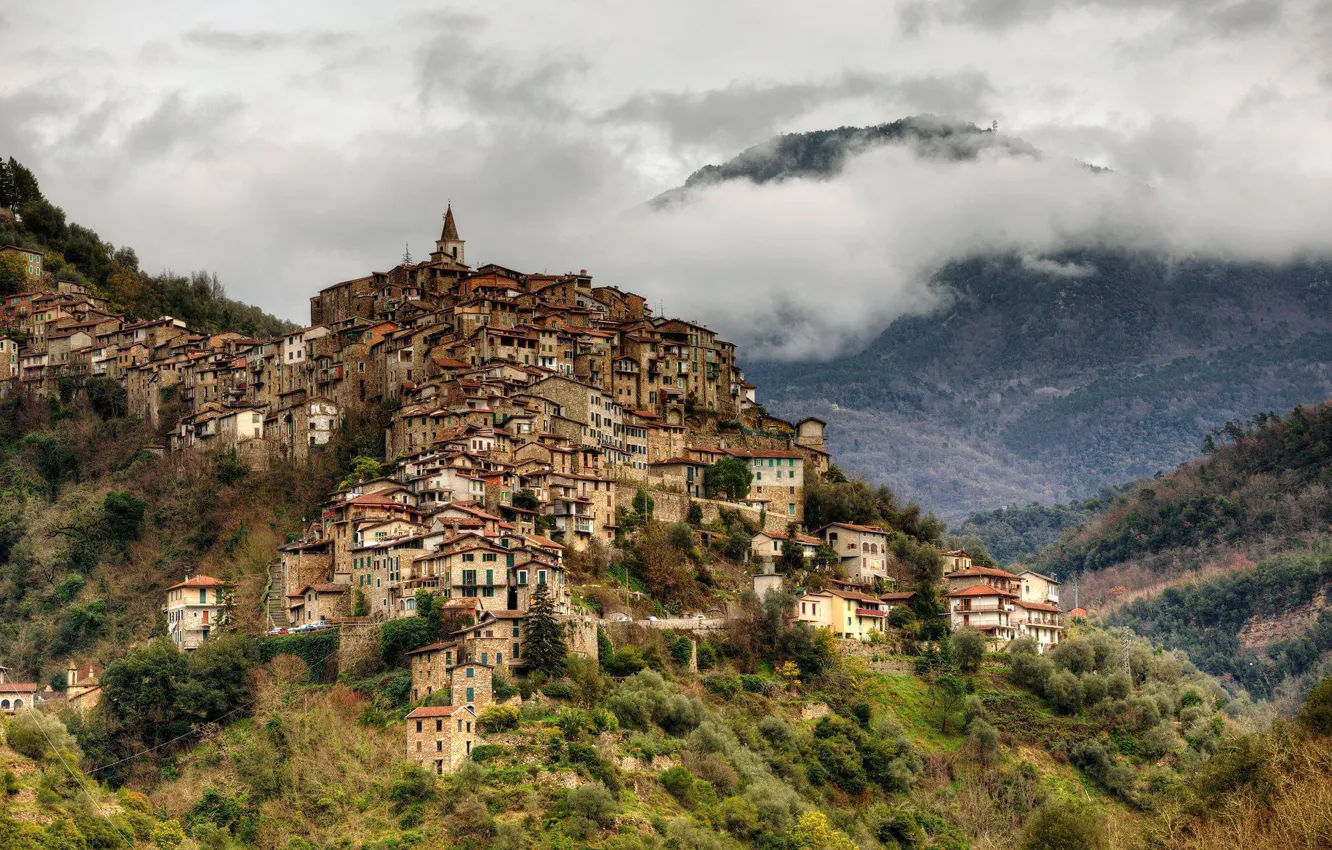 Photo wallpaper mountains, home, Italy, Italy, Liguria, Liguria, Apricale, Apricale